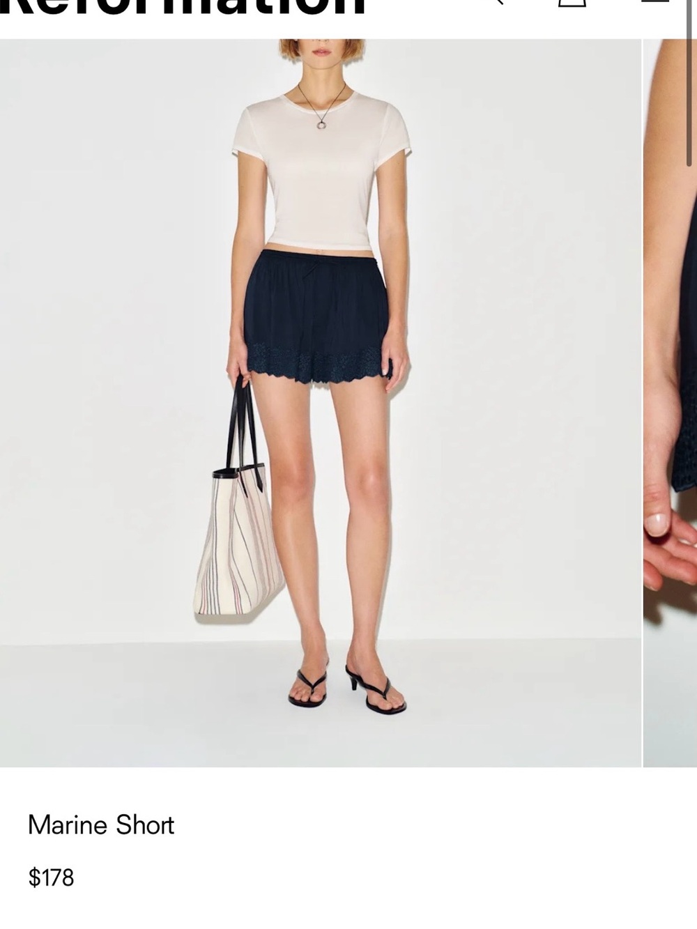 Reformation Navy High-Waist Scallop-Edge Shorts